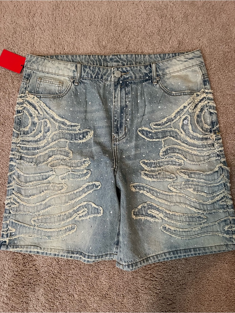 Free Refills rhinestone Denim Distressed Men’s Shorts in Washed Blue